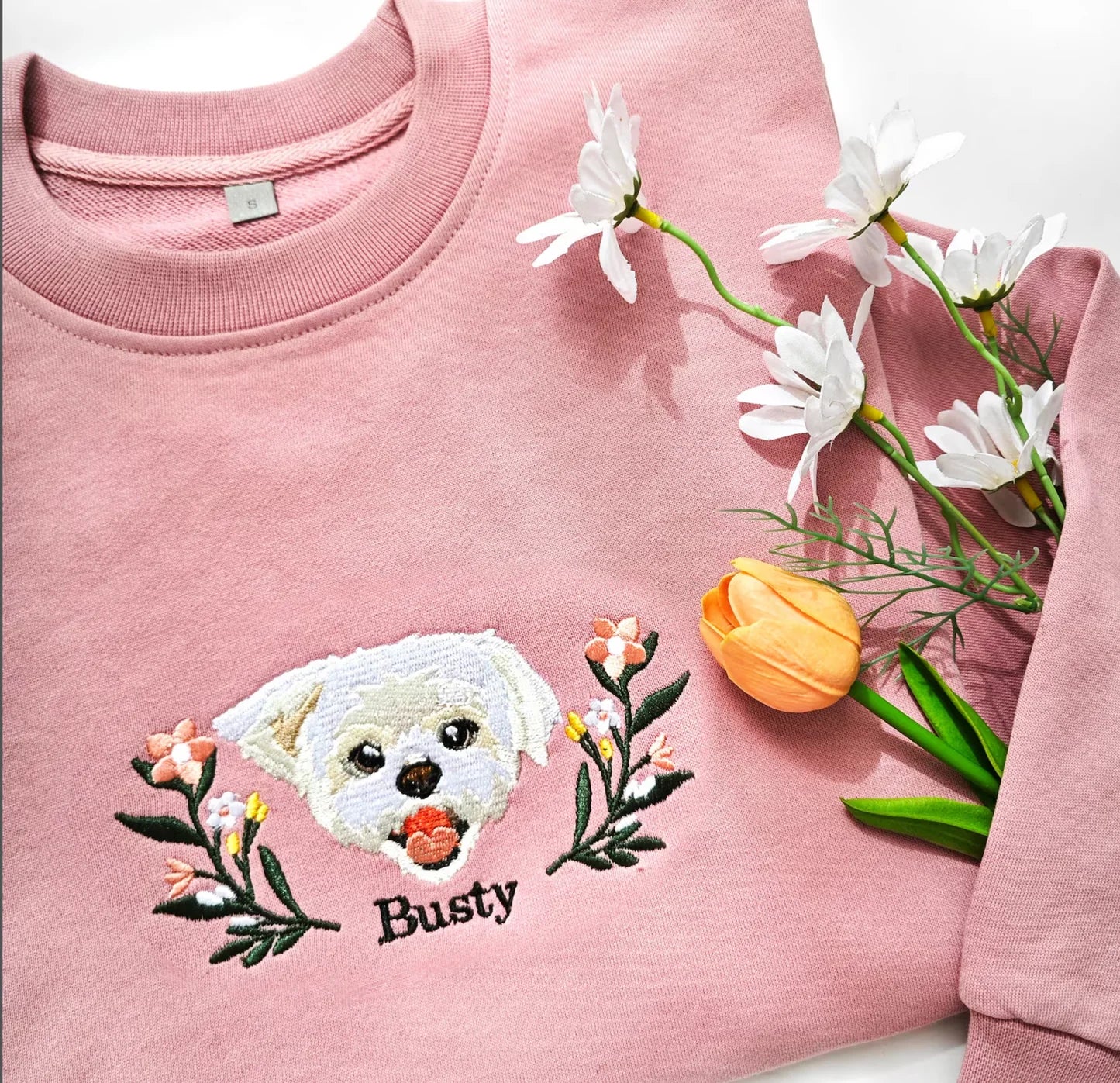 Custom Embroidered Hoodie/Sweatshirt With Pet Portrait Flower