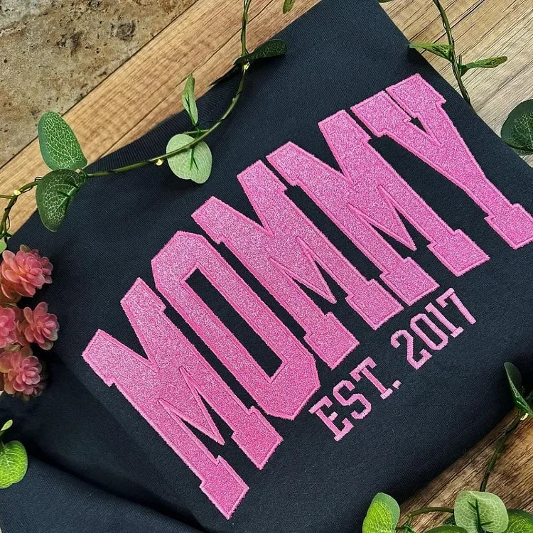 Custom Glitter Embroidered Mama Sweatshirt with Kids Names on Sleeve