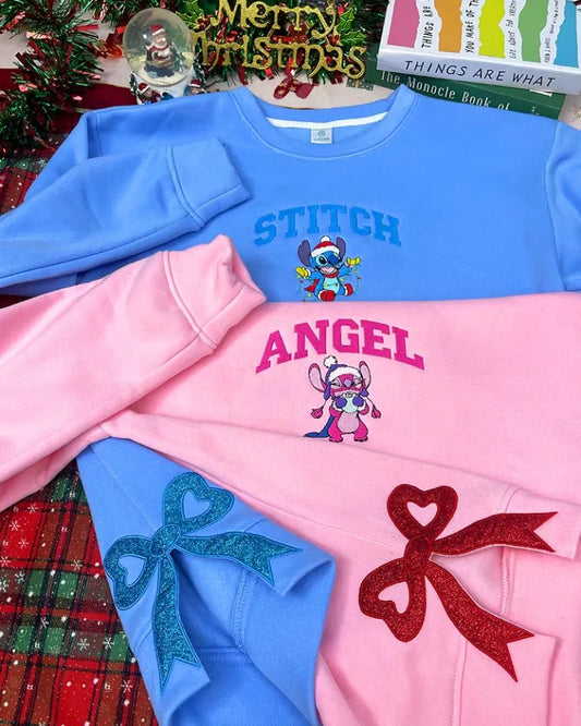 Stitch and Angel Christmas Sided Bow Embroidered Sweatshirt