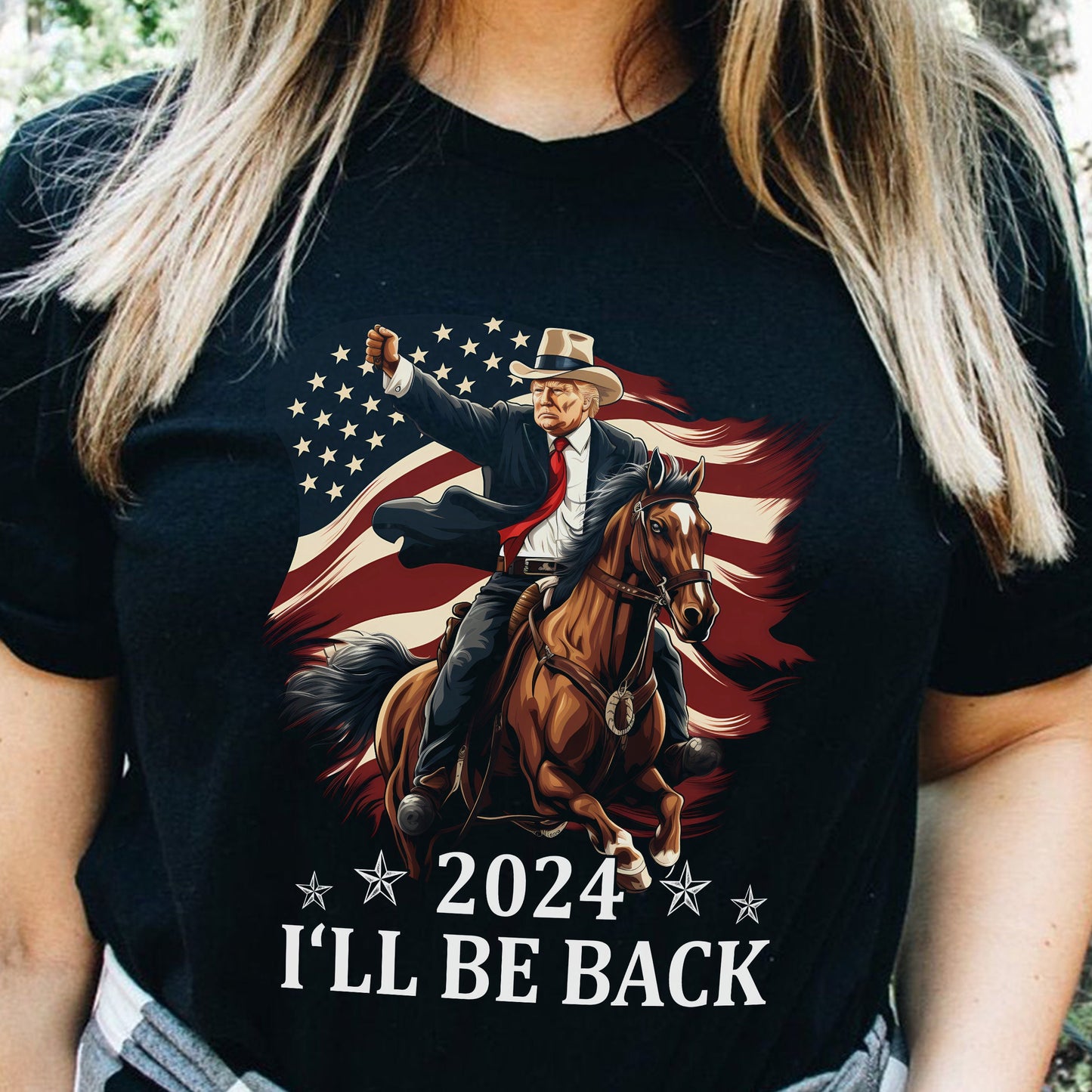 Donald Trump 2024 Shirt - Trump Riding a Horse with The American Flag