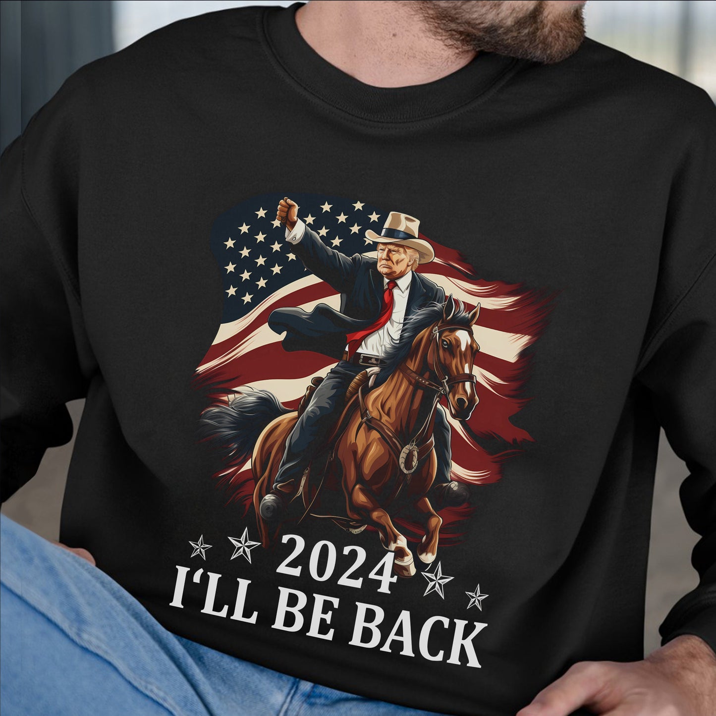 Donald Trump 2024 Shirt - Trump Riding a Horse with The American Flag