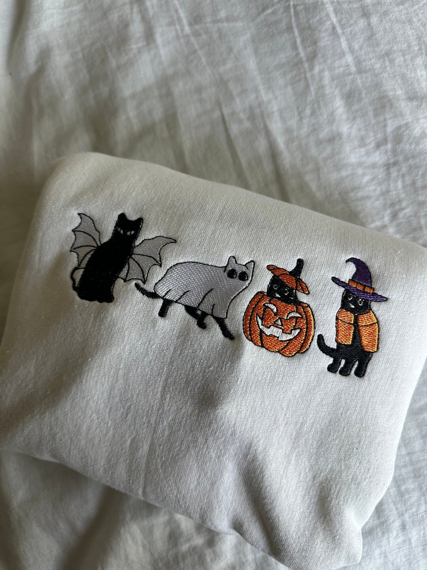 Cat Sweatshirt, Bat/Witch/Pumpkin/Ghost Cats Embroidered Sweatshirt