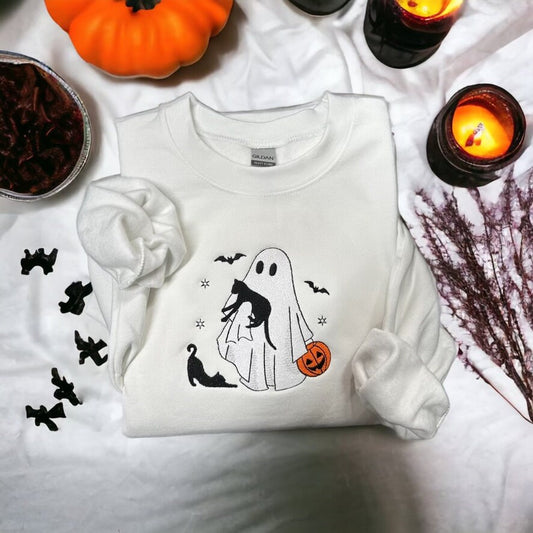 Halloween Sweatshirt Embroidered, Cute Black Cat