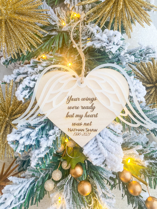 Personalized Memorial Angel wings Heart Ornament