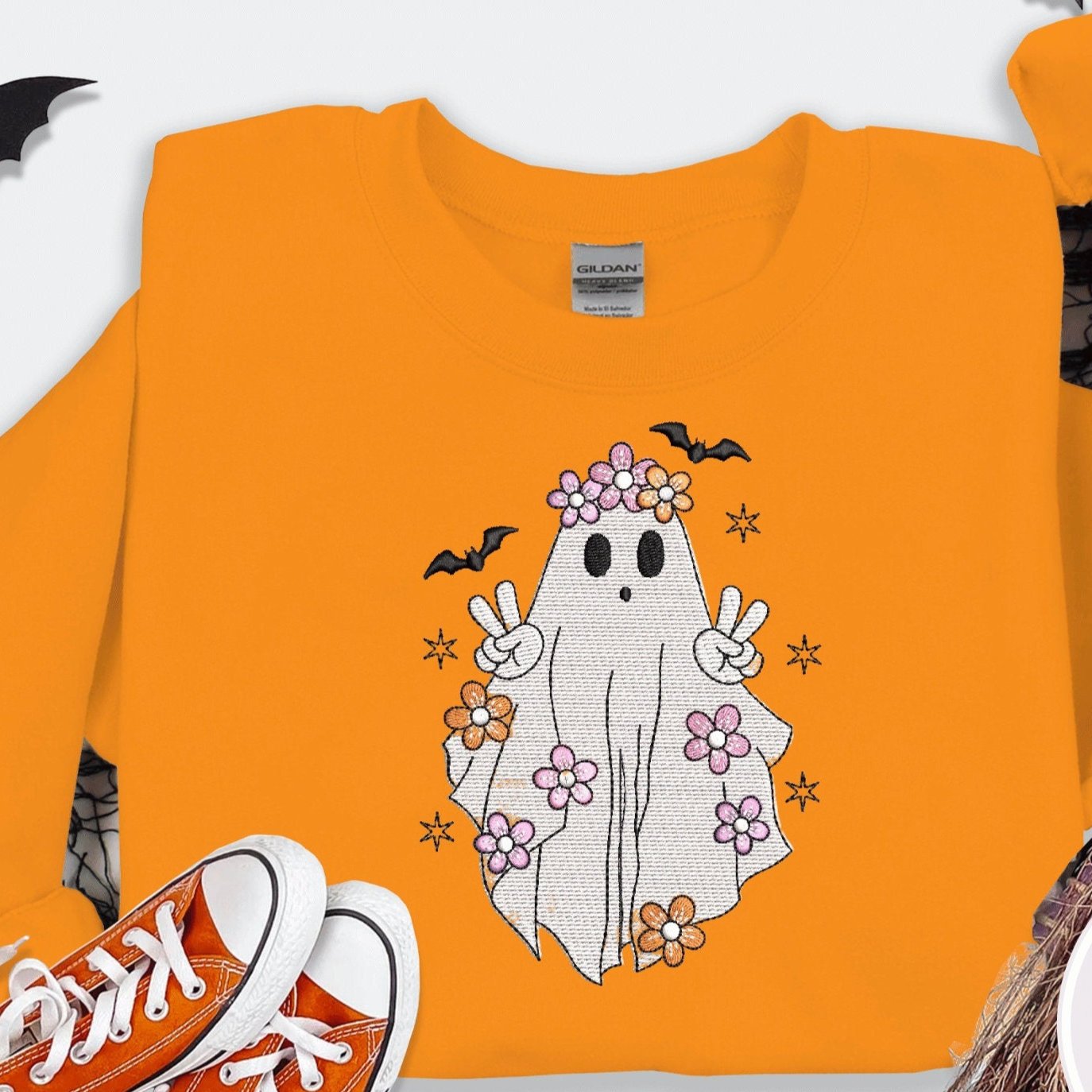 Halloween Ghost Boho Embroidered Sweatshirt