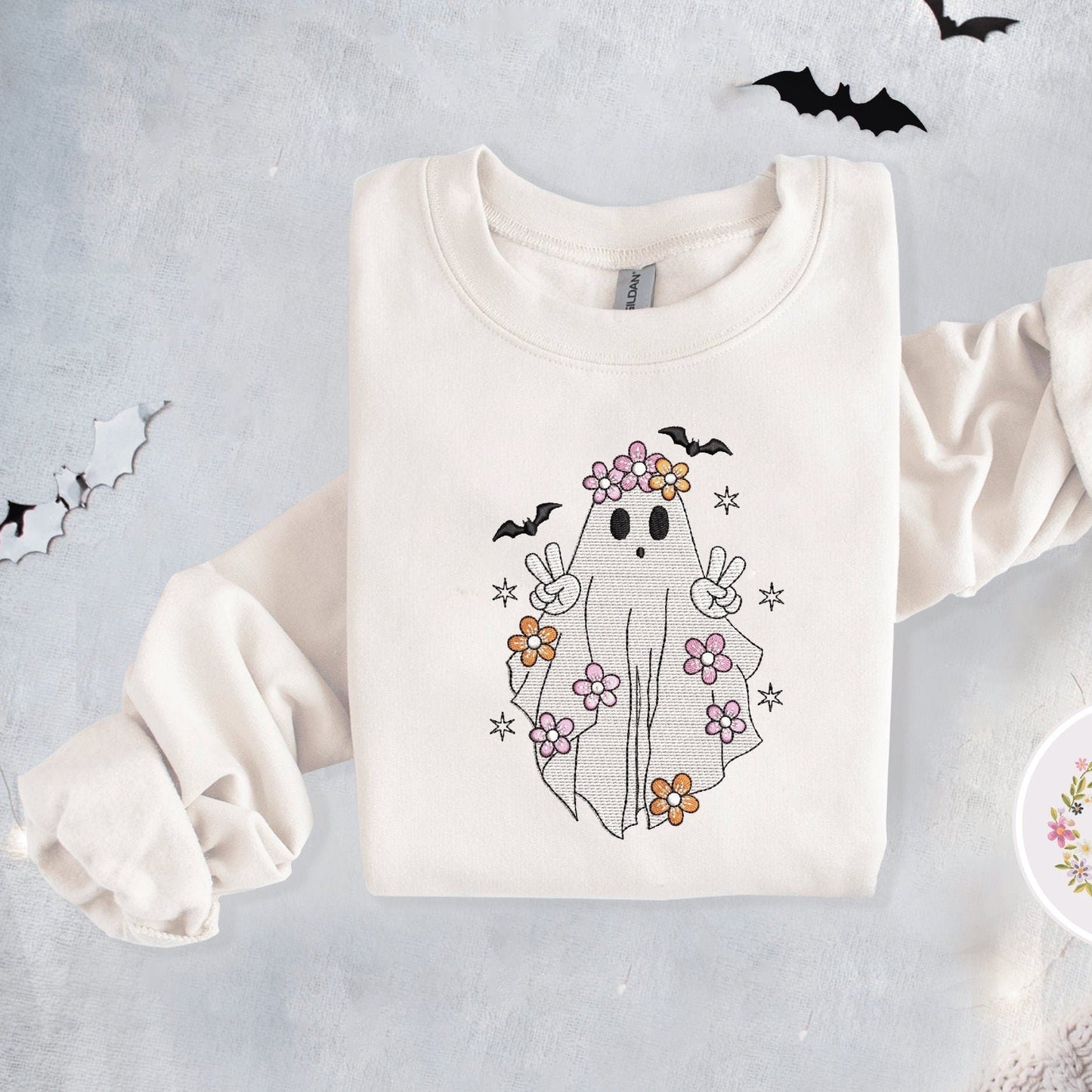 Halloween Ghost Boho Embroidered Sweatshirt