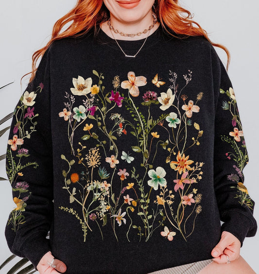 Vintage Pressed Flowers Sweatshirt,Pastel Botanical Floral Pullover, Fairycore Oversized Wildflowers Sweatshirt