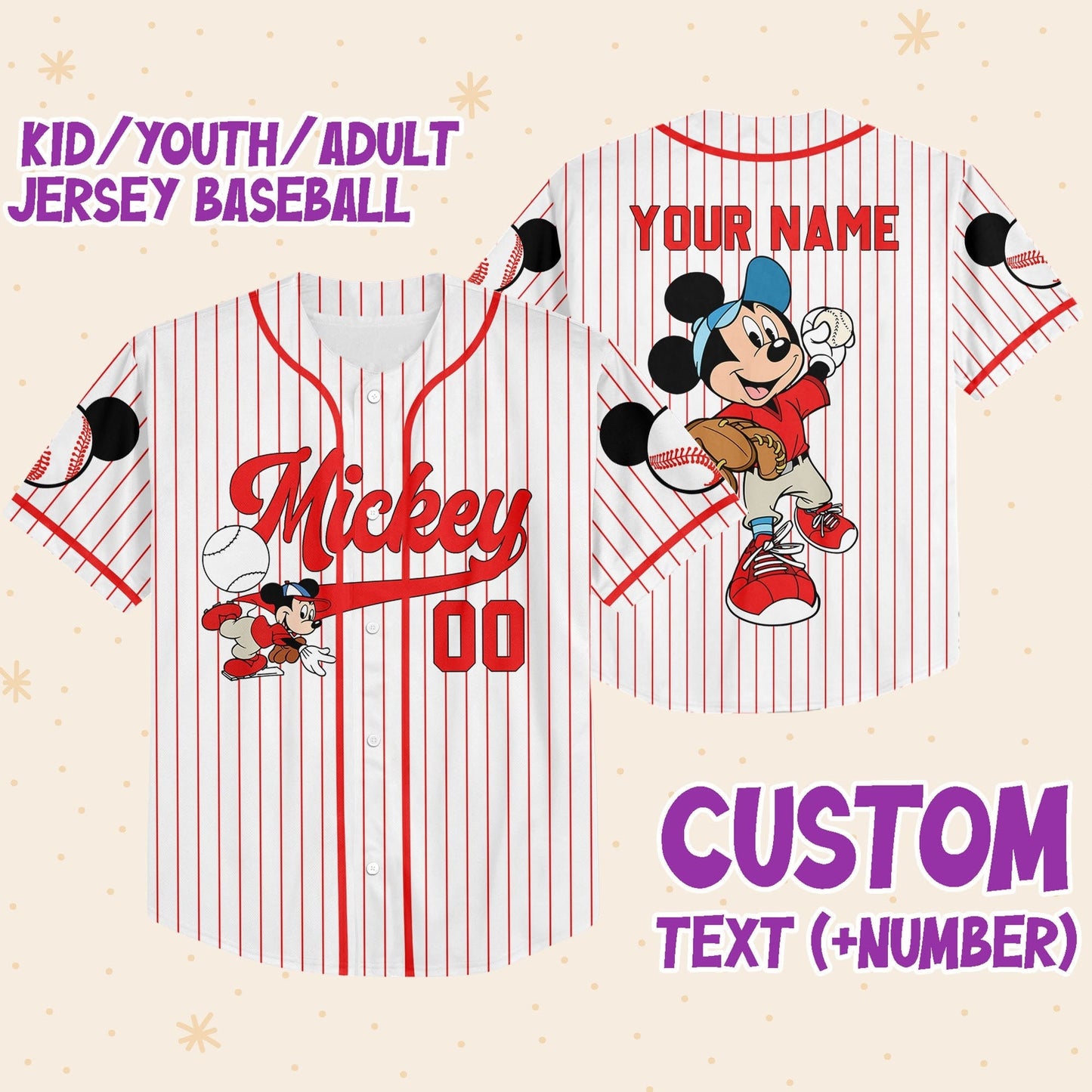 Personalize Disney Mickey Play Baseball Jersey for Kids, Youth, Adult