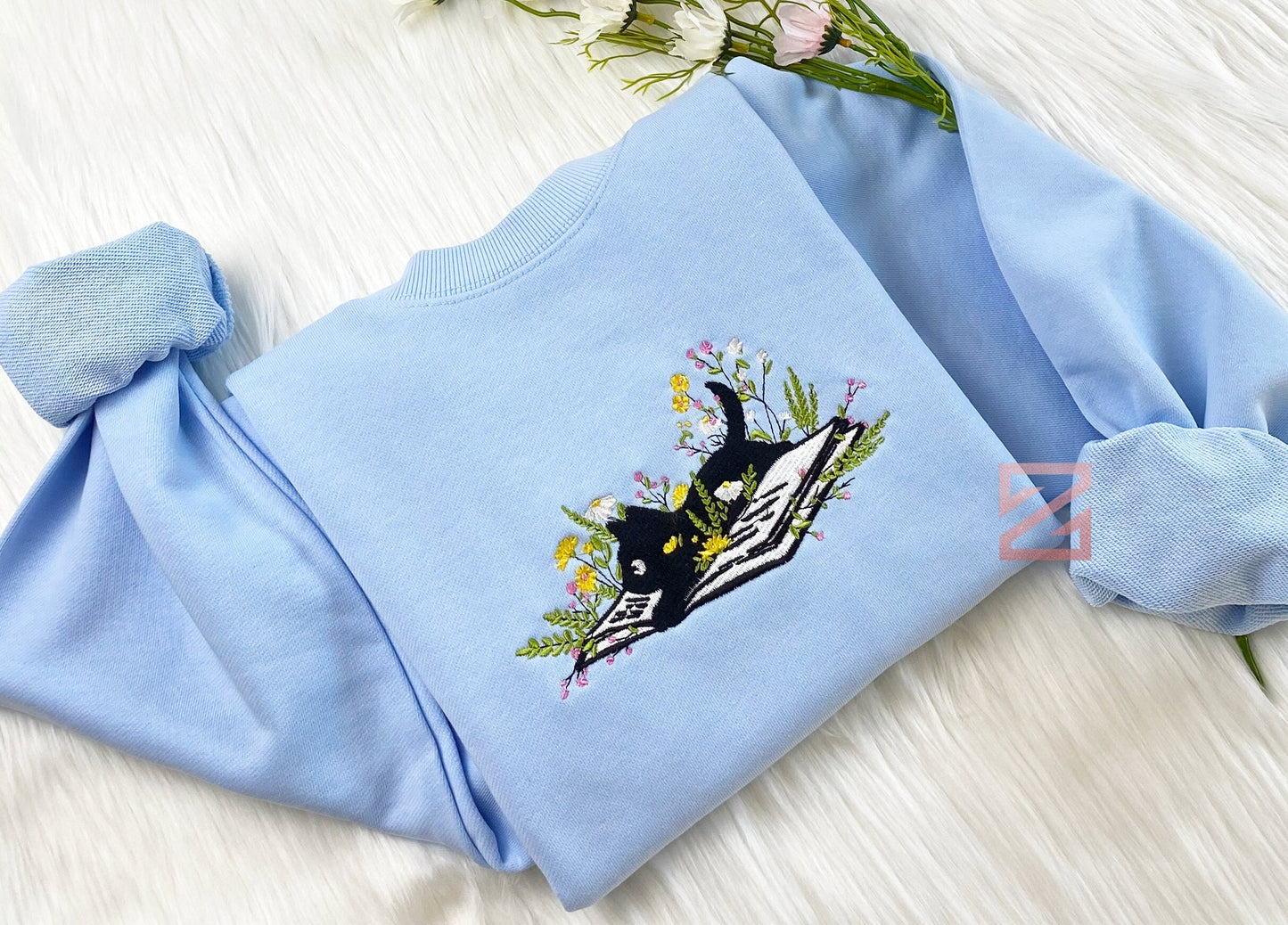 Embroidered Cute Cat Lying On Book With Flower Sweatshirt