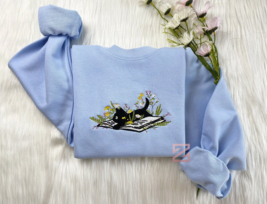 Embroidered Cute Cat Lying On Book With Flower Sweatshirt