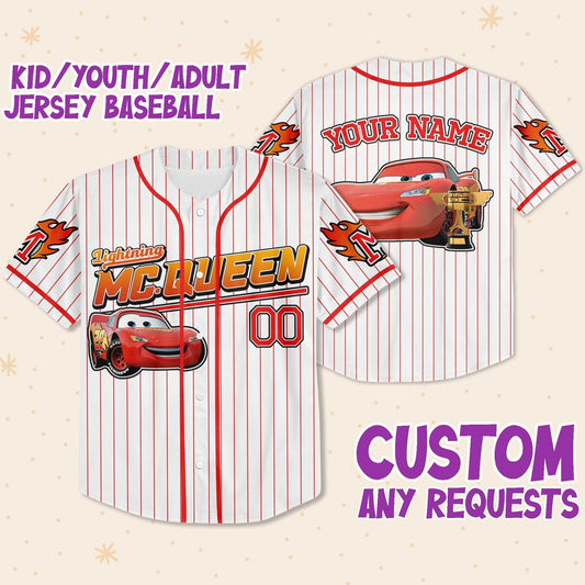 Custom Lightning Mcqueen Disney Baseball Jersey for Kids, Youth, Adult