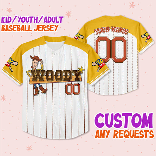 Custom Toy Story Woody Yellow Smile Disney Baseball Jersey for Kids, Youth, Adult