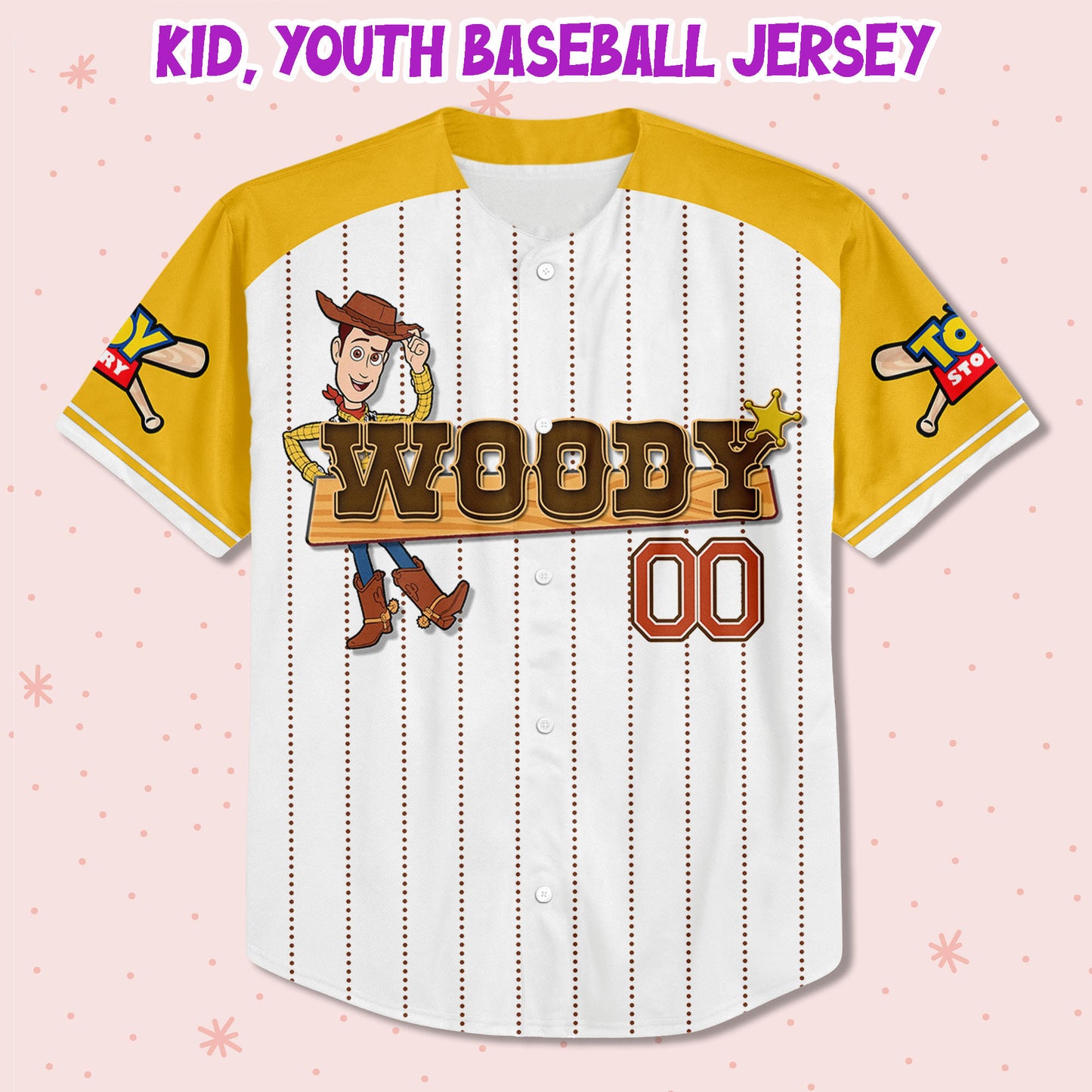 Custom Toy Story Woody Yellow Smile Disney Baseball Jersey for Kids, Youth, Adult