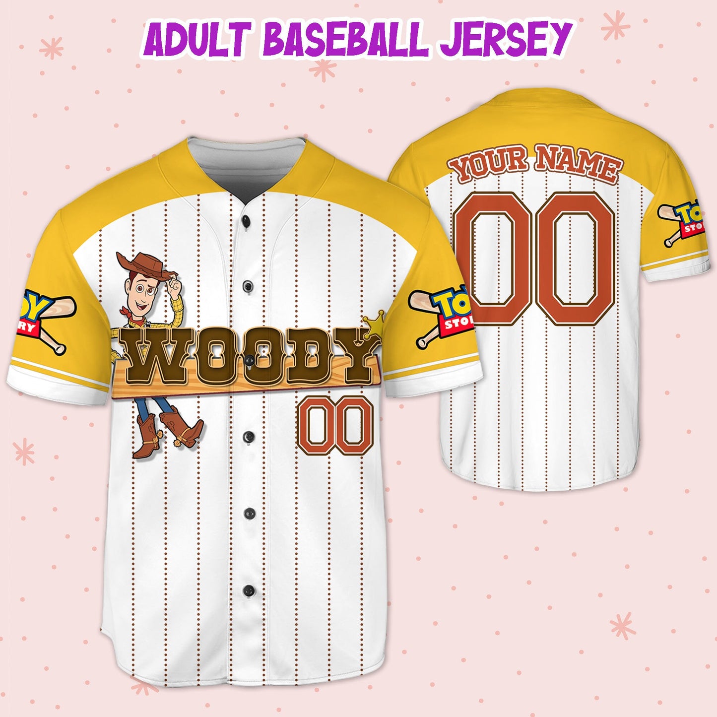 Custom Toy Story Woody Yellow Smile Disney Baseball Jersey for Kids, Youth, Adult