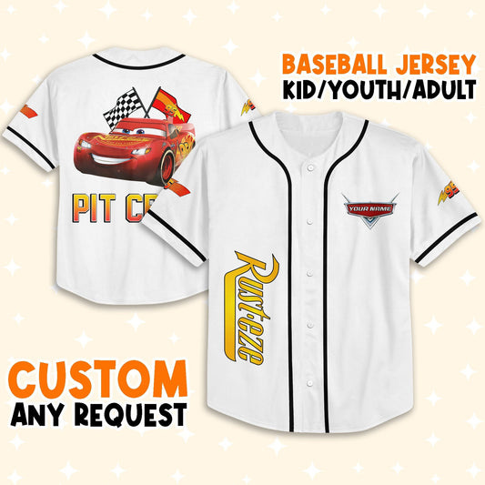 Personalize Cars Lightning McQueen Pit Crew Baseball Jersey for Kids, Youth, Adult