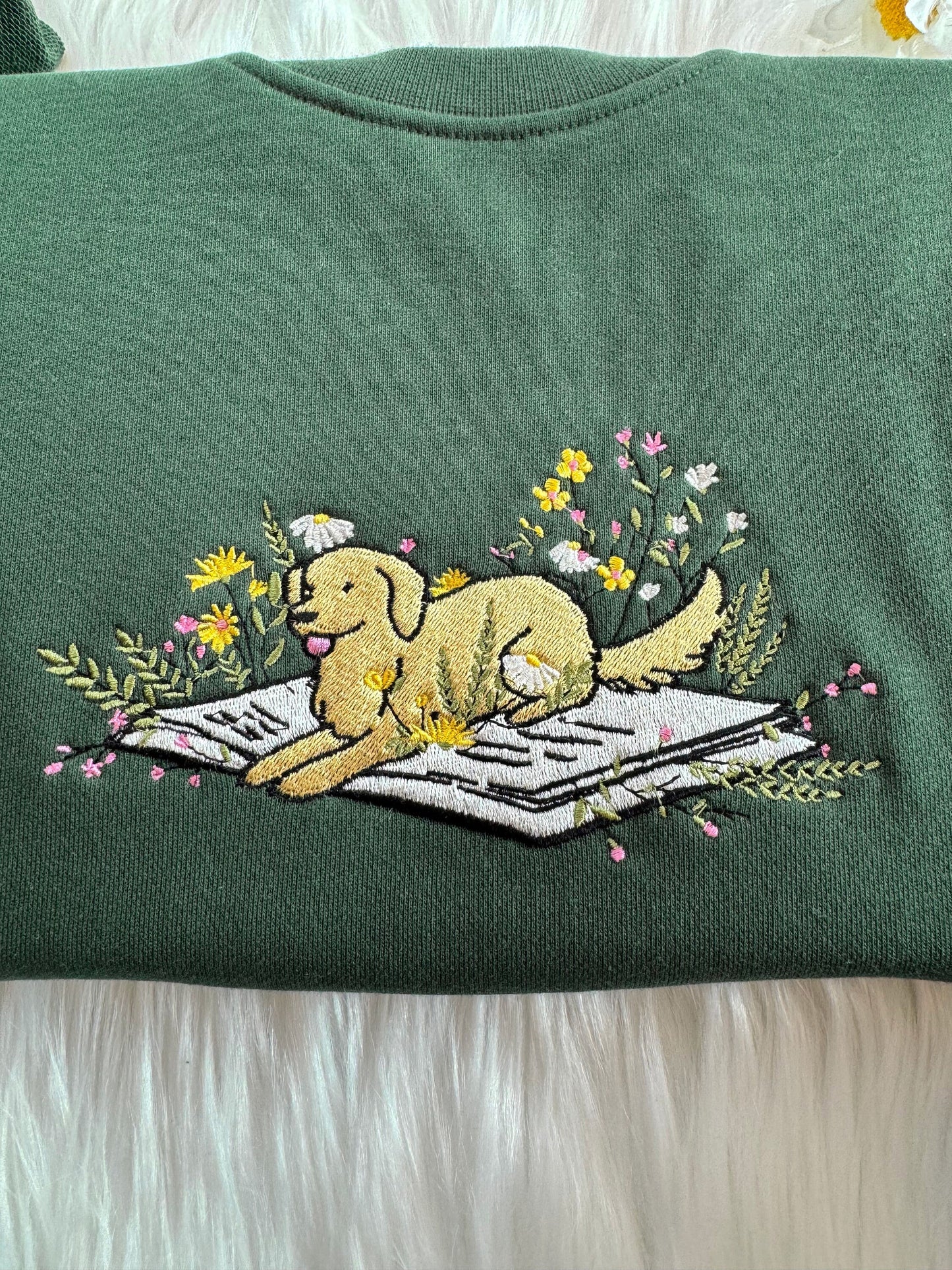 Embroidered Cute Dog Lying On Book With Flower Sweatshirt