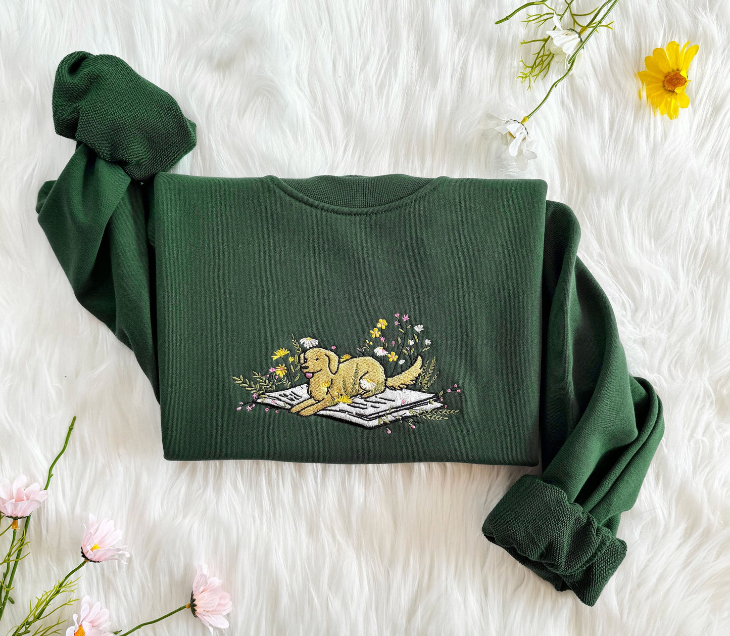 Embroidered Cute Dog Lying On Book With Flower Sweatshirt