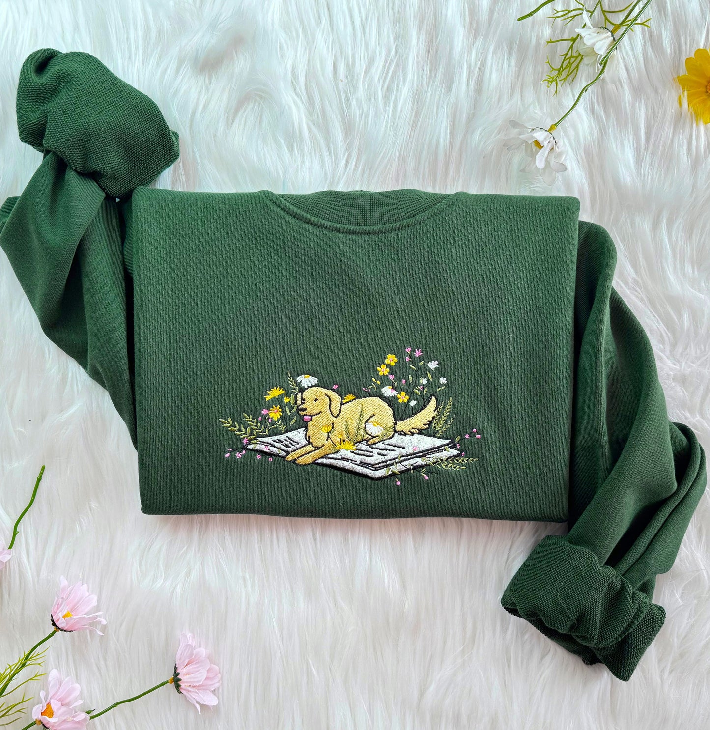 Embroidered Cute Dog Lying On Book With Flower Sweatshirt