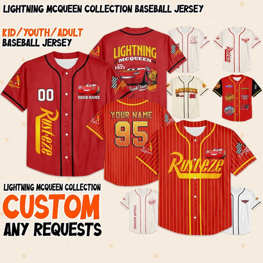 Personalize Disney Cars Lightning Mcqueen Baseball Jersey for Kids, Youth, Adult