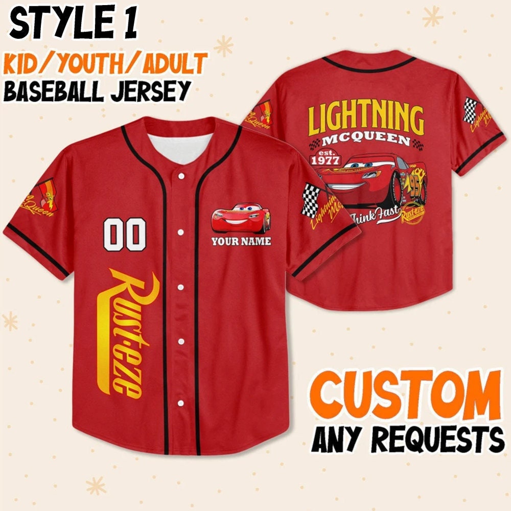 Personalize Disney Cars Lightning Mcqueen Baseball Jersey for Kids, Youth, Adult