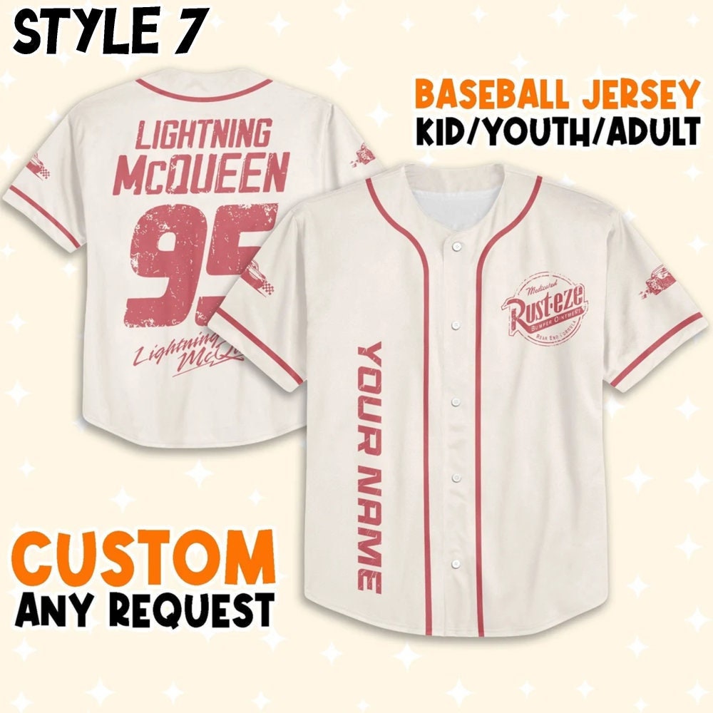 Personalize Disney Cars Lightning Mcqueen Baseball Jersey for Kids, Youth, Adult