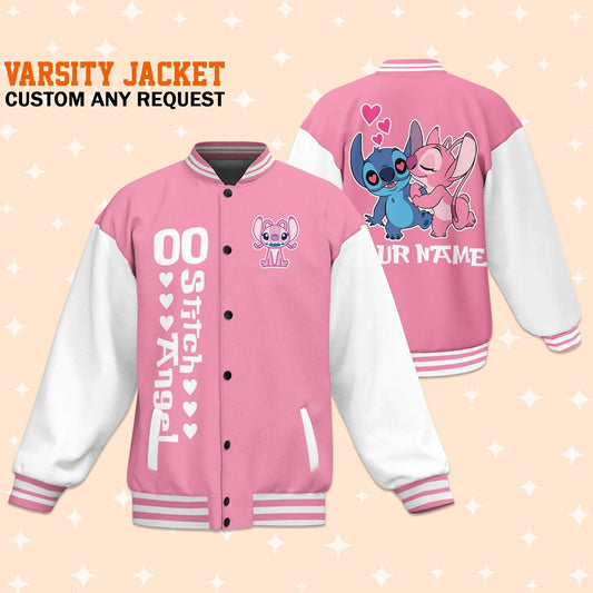 Custom Stitch and Angel Couple Pink Varsity Jacket