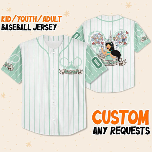 Personalize Princess Jasmine Alladin Baseball Jersey for Kids, Youth, Adult