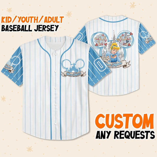 Personalize Disney Cinderella Princess Baseball Jersey for Kids, Youth, Adult