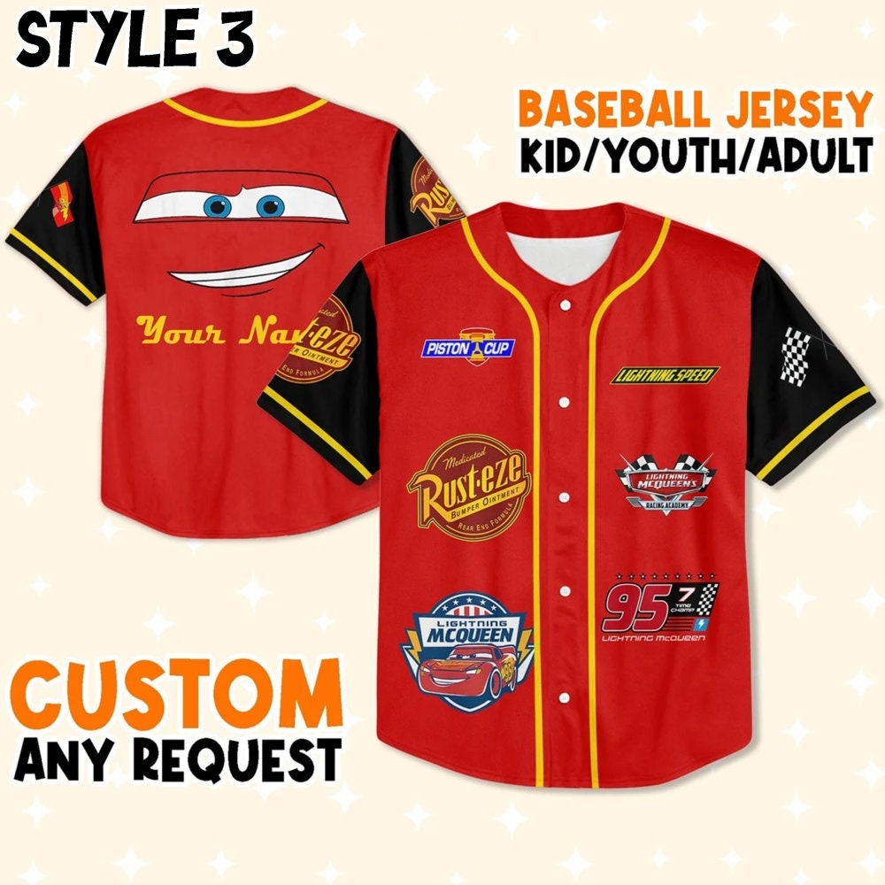 Personalize Disney Cars Lightning Mcqueen Baseball Jersey for Kids, Youth, Adult