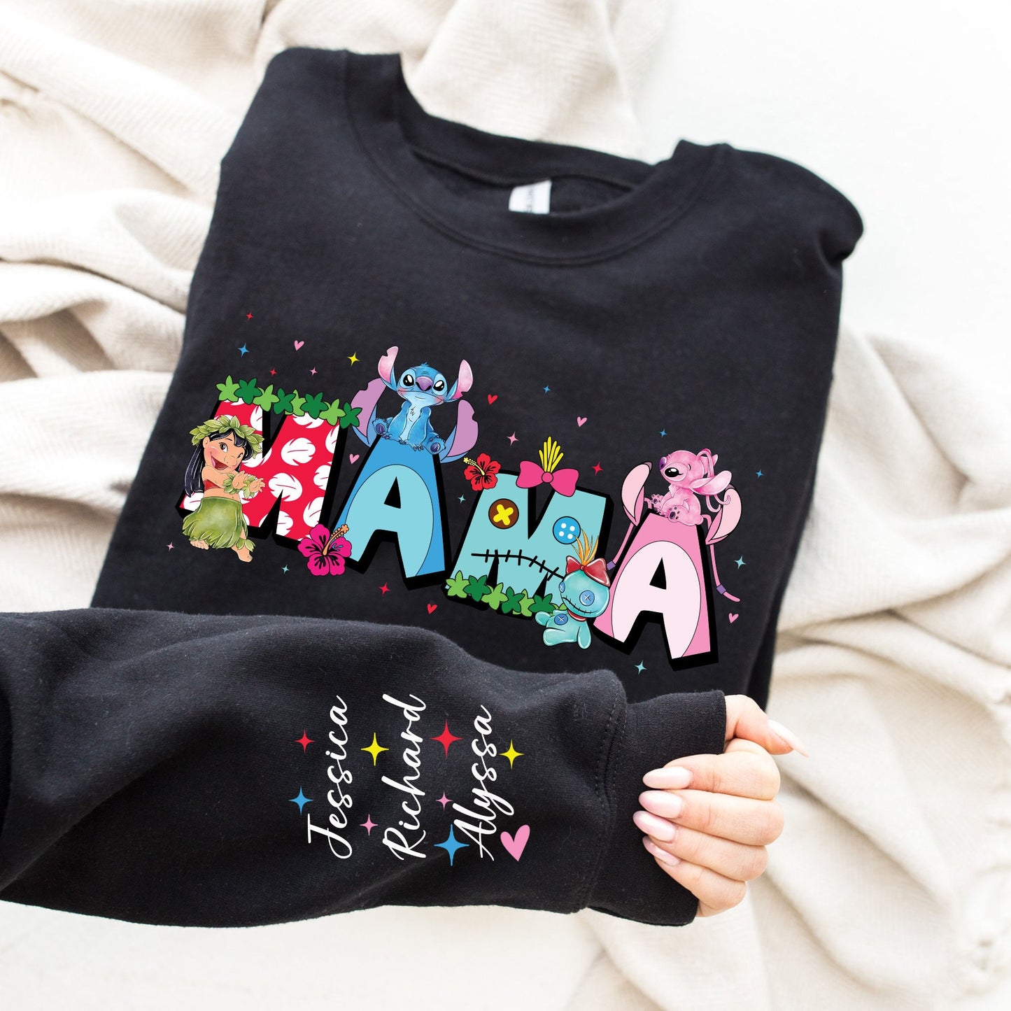 Custom Mama Est with Kid Name on Sleeve Sweatshirt, Mother's Day Sweatshirt Gift For Mom, Lilo and Stitch Mama Shirt