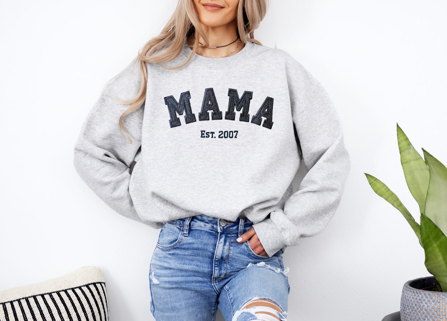 Custom Glitter Embroidered Mama Sweatshirt with Kids Names on Sleeve