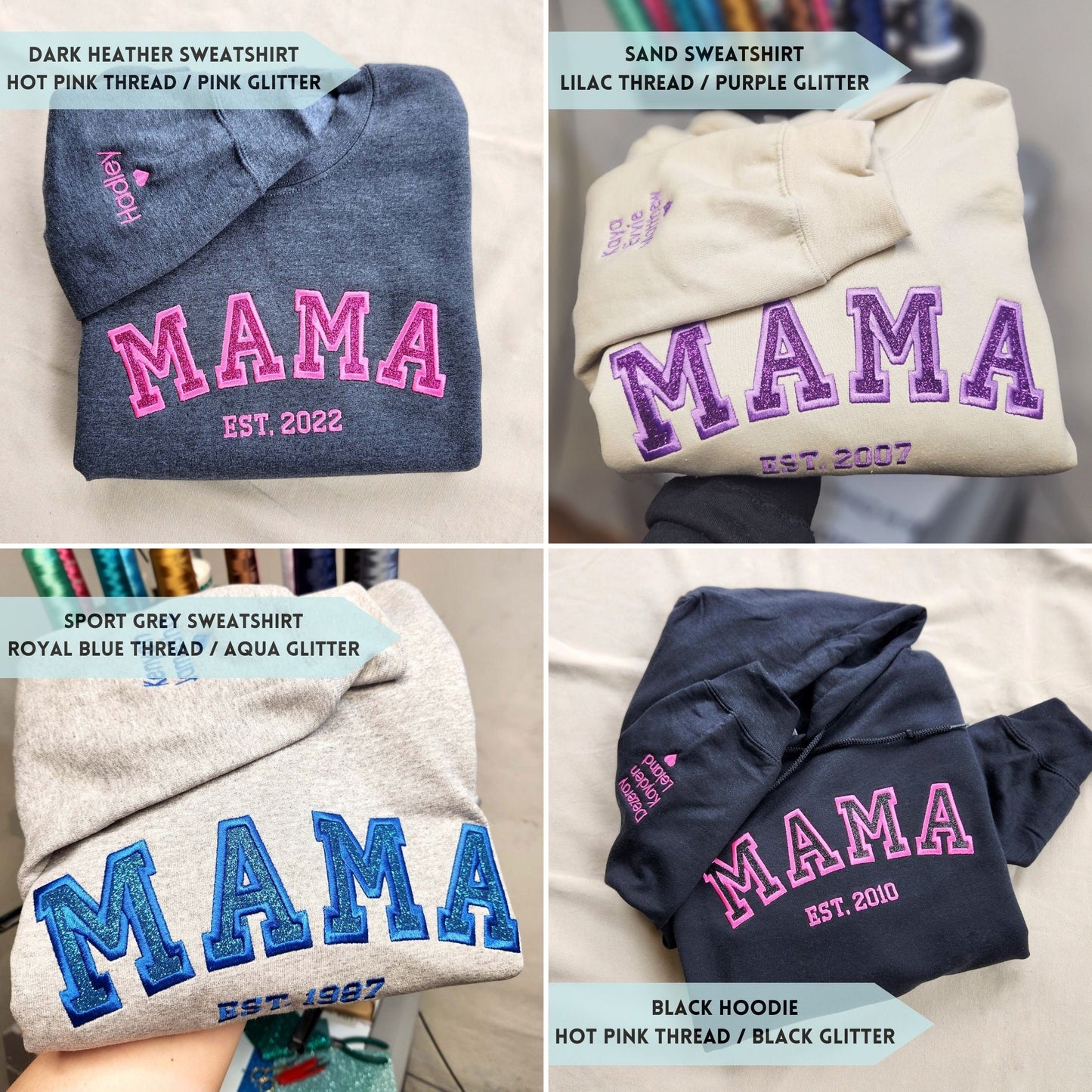 Custom Glitter Embroidered Mama Sweatshirt with Kids Names on Sleeve
