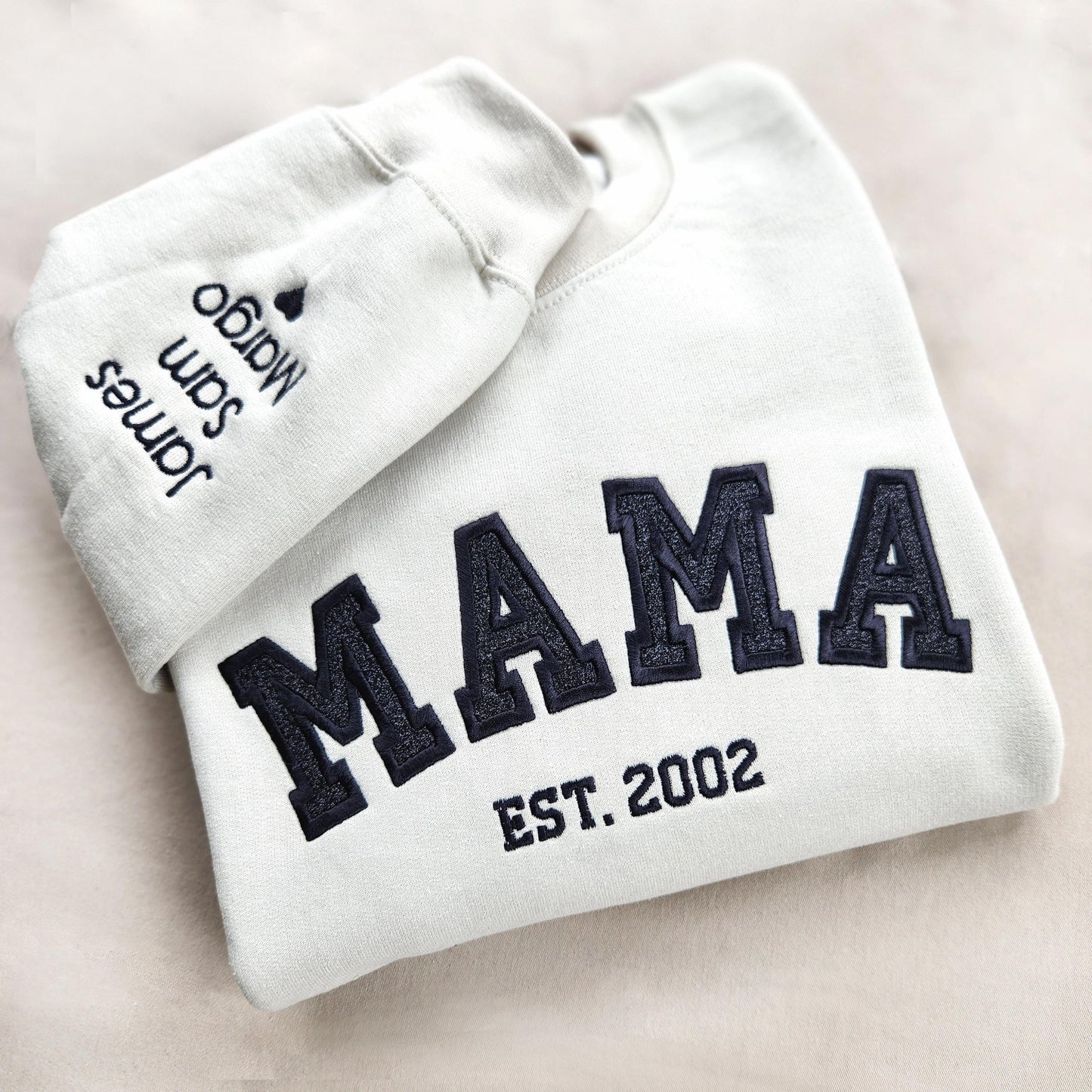 Custom Glitter Embroidered Mama Sweatshirt with Kids Names on Sleeve