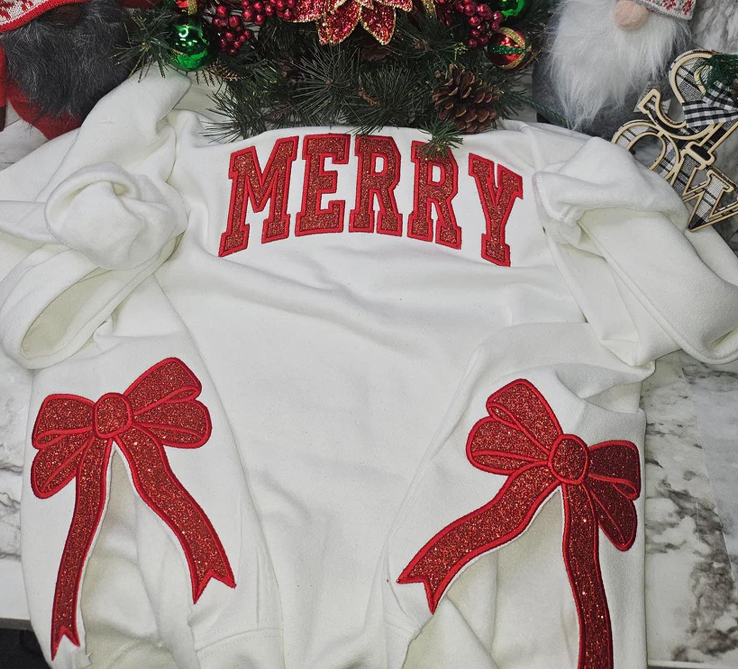 Merry and Bright Embroidered Bow Sweatshirt