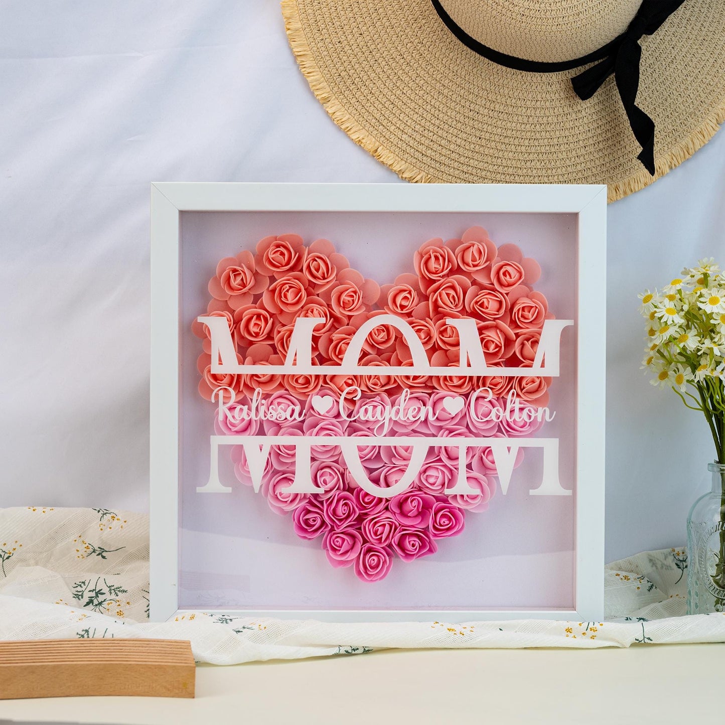 Personalized Flower Heart Shadow Box , Custom Name Rose Frame , Flower Shadowbox For Mom