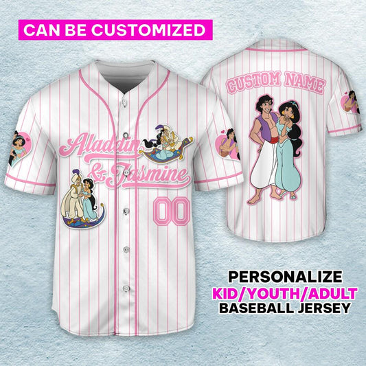 Custom Aladdin & Jasmine Couple Baseball Jersey for Kids, Youth, Adult