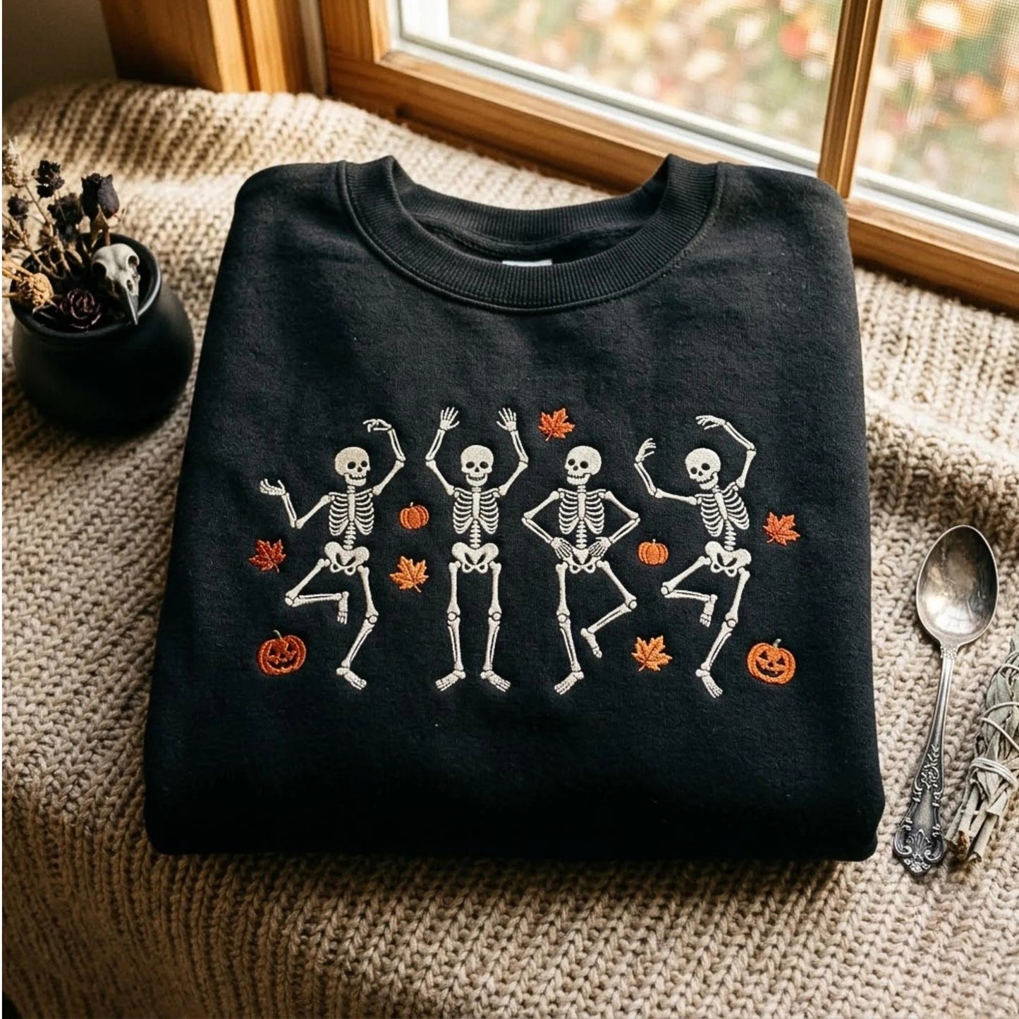 Halloween Dancing Skeletons Embroidered Sweatshirt