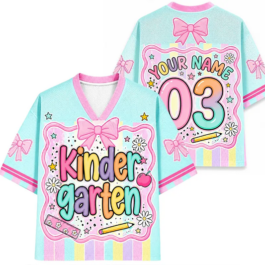 Personalized Grade And Name Coquette Bow Colorful Stripes Teacher Mesh Jersey