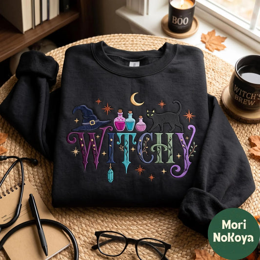 Halloween Black Cat Poison And Moon Witchy Embroidered Sweatshirt