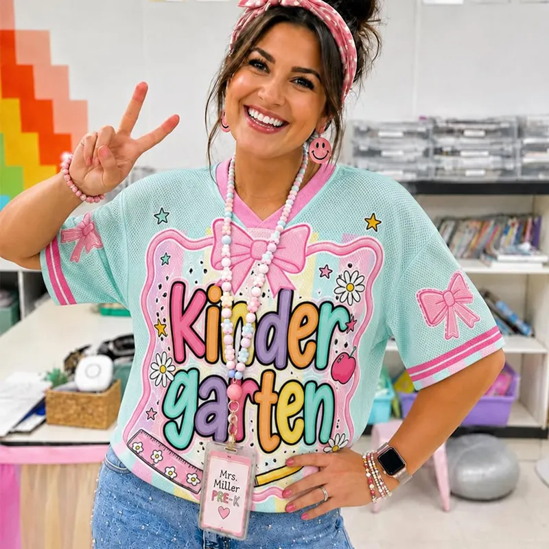 Personalized Grade And Name Coquette Bow Colorful Stripes Teacher Mesh Jersey