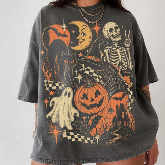 Vintage Black Cat Ghost Skeleton Shirt