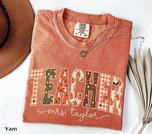 Faux Patchwork Fall Teacher Comfort color T-Shirt