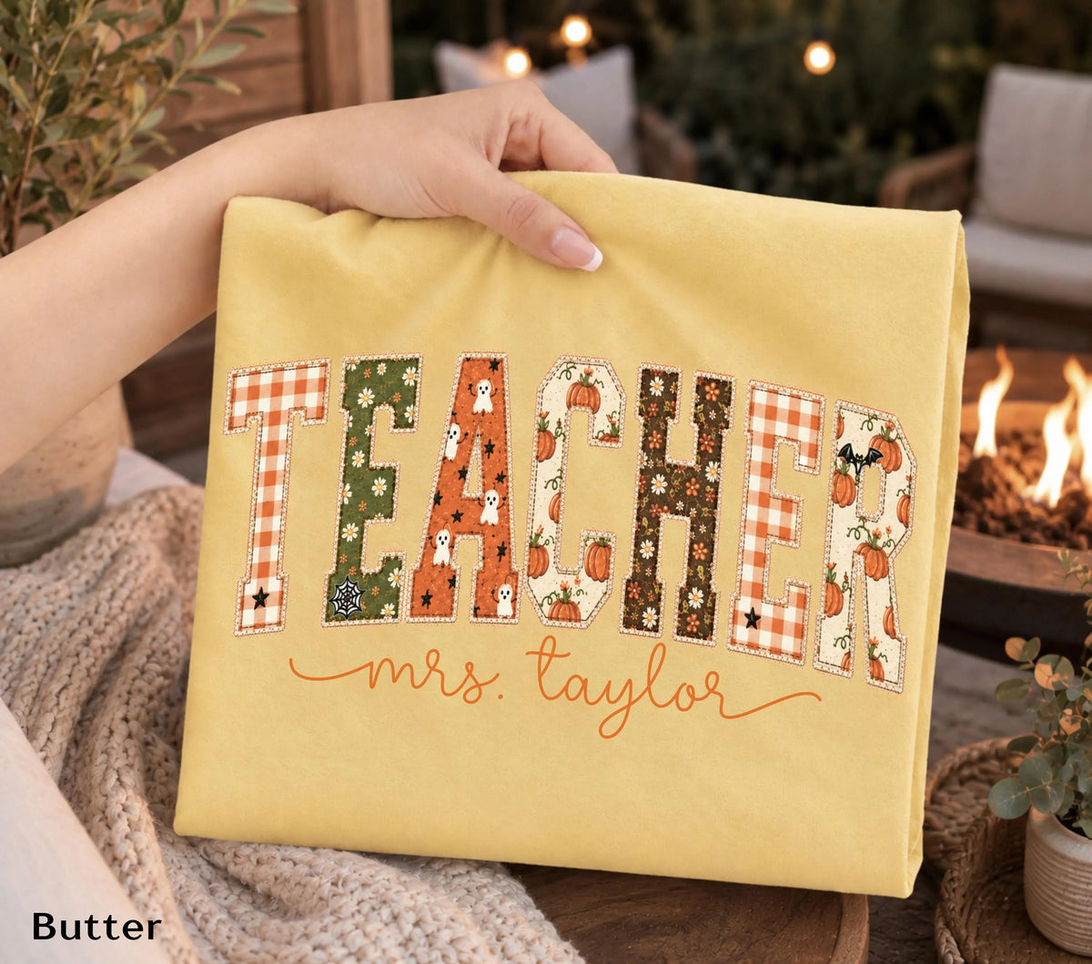Faux Patchwork Fall Teacher Comfort color T-Shirt