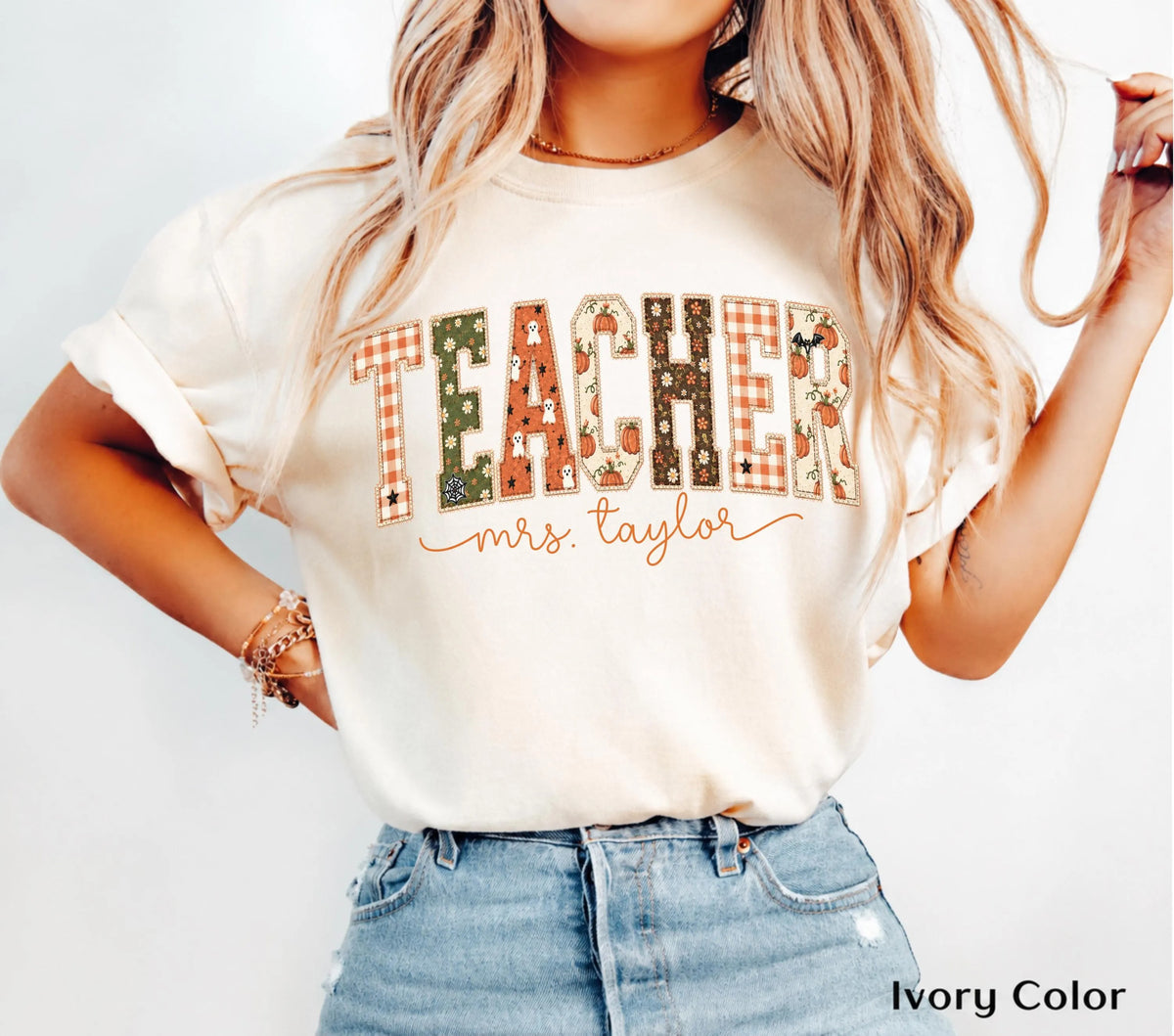 Faux Patchwork Fall Teacher Comfort color T-Shirt