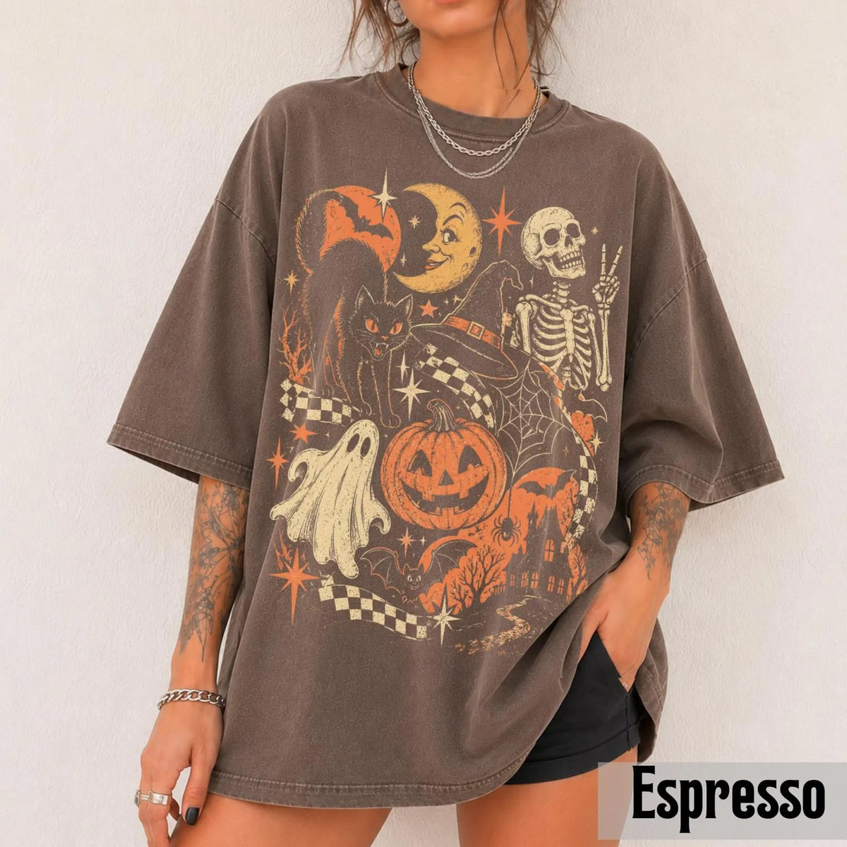 Vintage Black Cat Ghost Skeleton Shirt