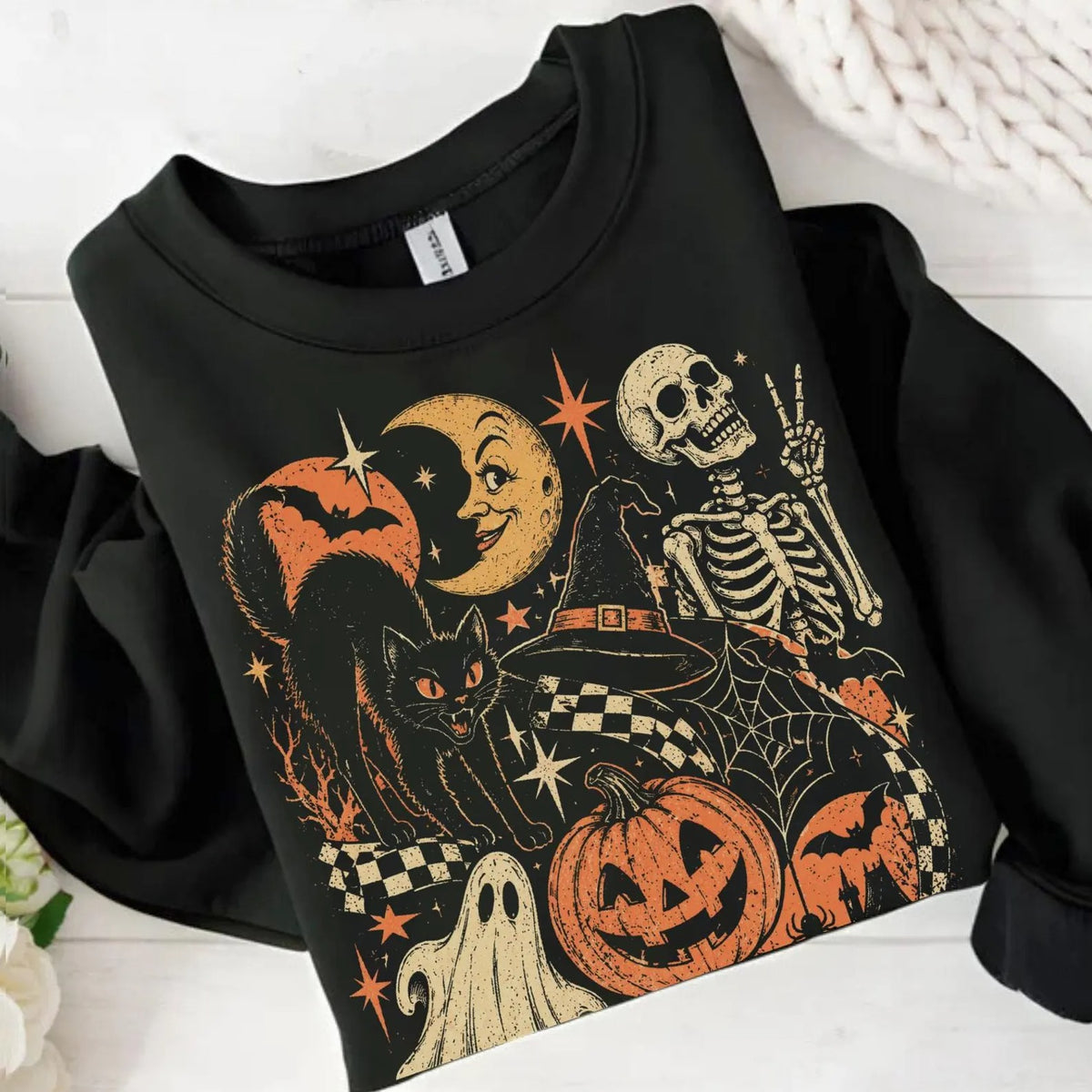 Vintage Black Cat Ghost Skeleton Shirt