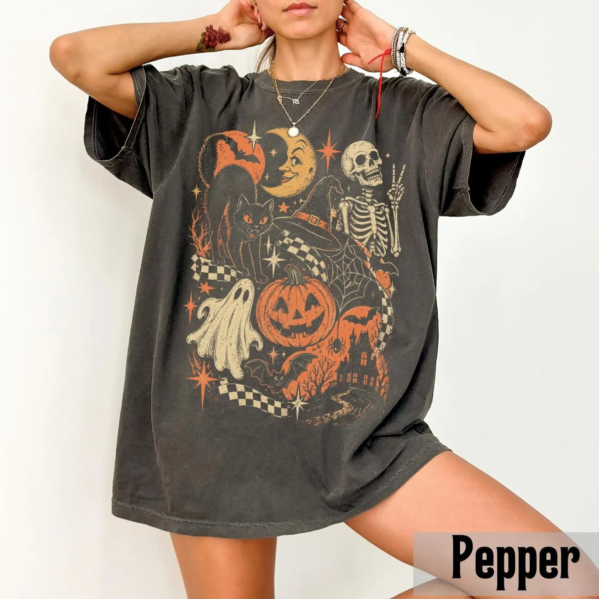Vintage Black Cat Ghost Skeleton Shirt
