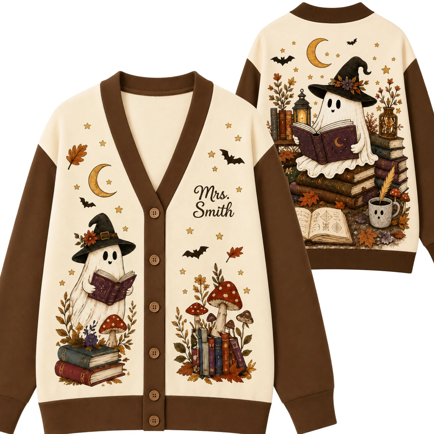 Personalized Teacher Cardigan Sweater-Cozy Fall Bookish Ghost Halloween