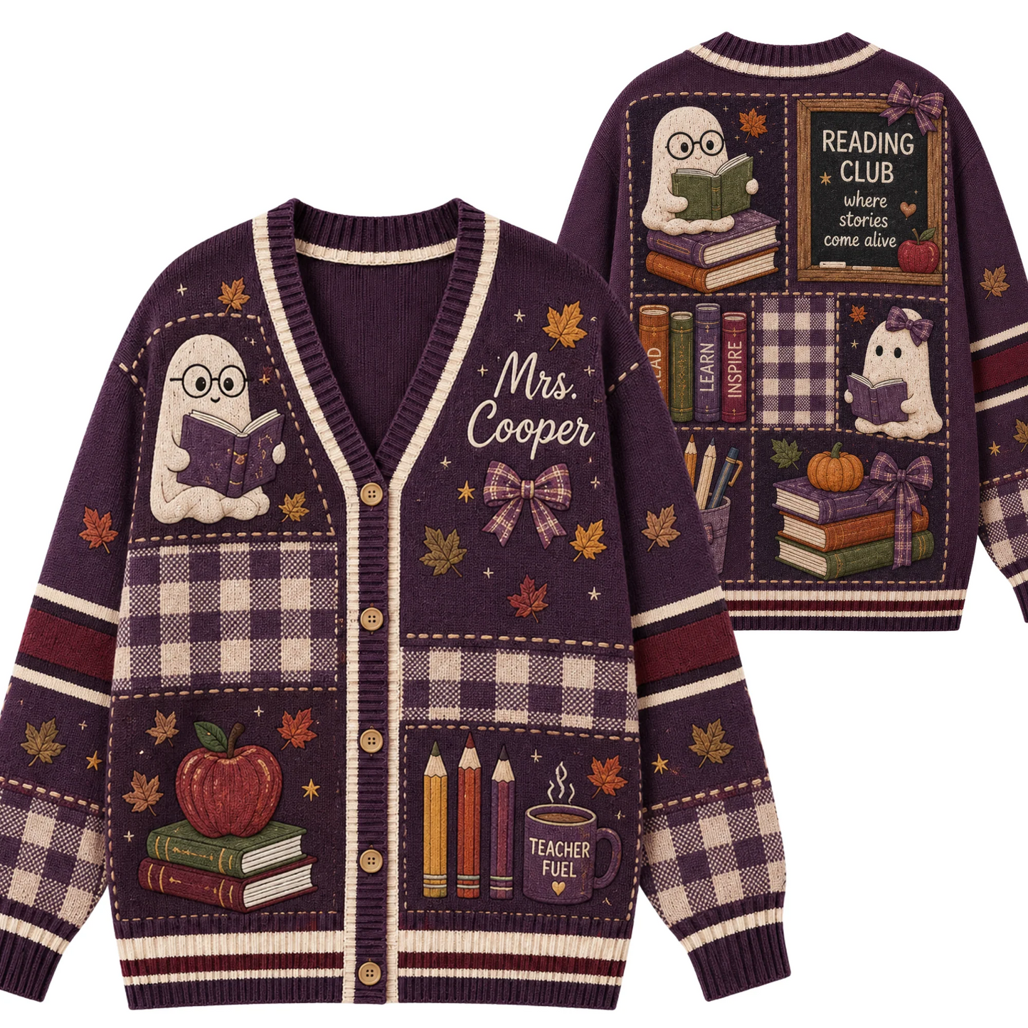 Personalized Teacher Cardigan Sweater-Cute Bookworm Ghost Autumn Halloween