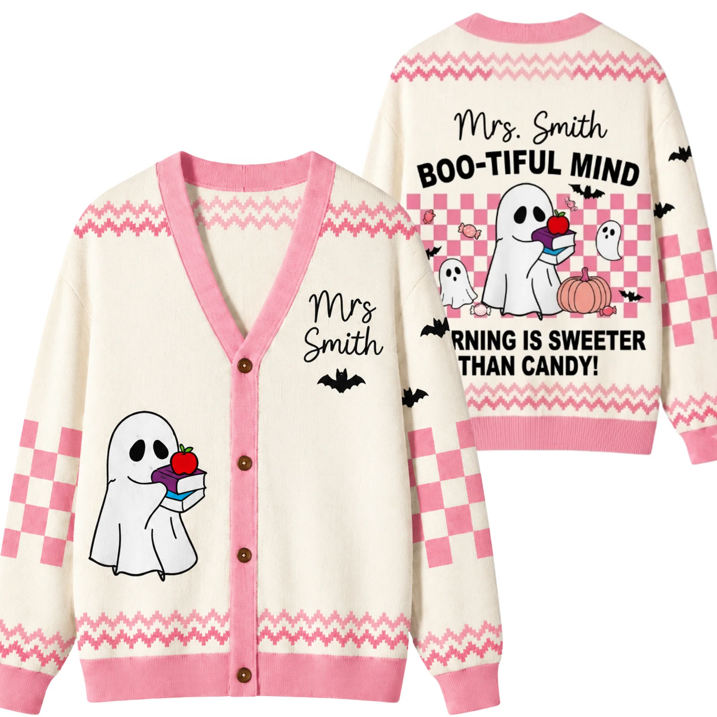 Personalized Teacher Cardigan Sweater-Pink Bookish Ghost Vintage